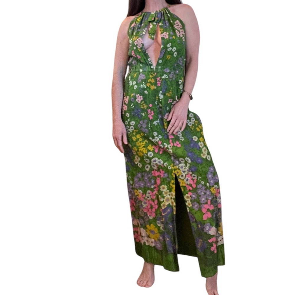 Vintage 70s Deep V Floral Green Maxi Dress - Picture 10 of 15